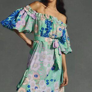 Anthropologie Women's Oopscool Off-The-Shoulder Green Floral Printed Dress ~ XS